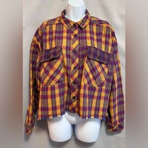 Urban Outfitters BDG Women Size M YellowPlaid Flannel Cropped Raw Hem Blouse NWT